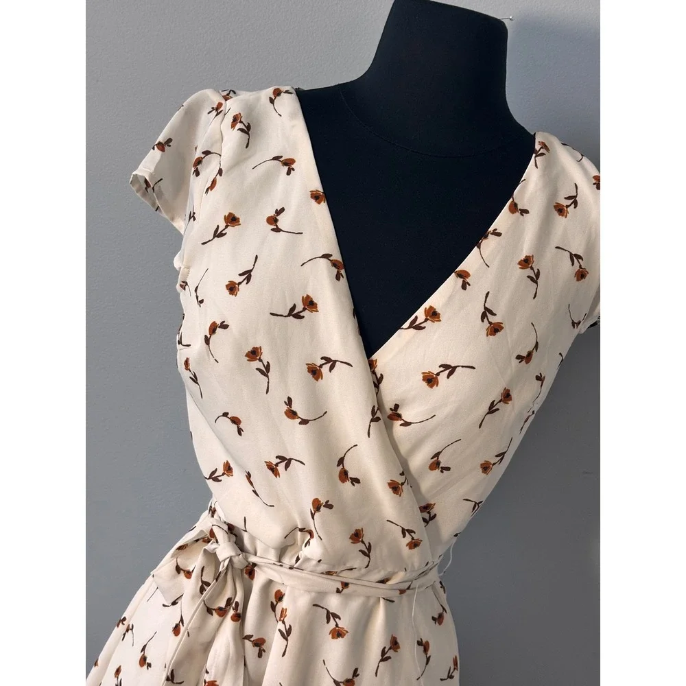 Trixxi Floral Mini Dress Wrap Front Short Sleeve Casual Beige Size S